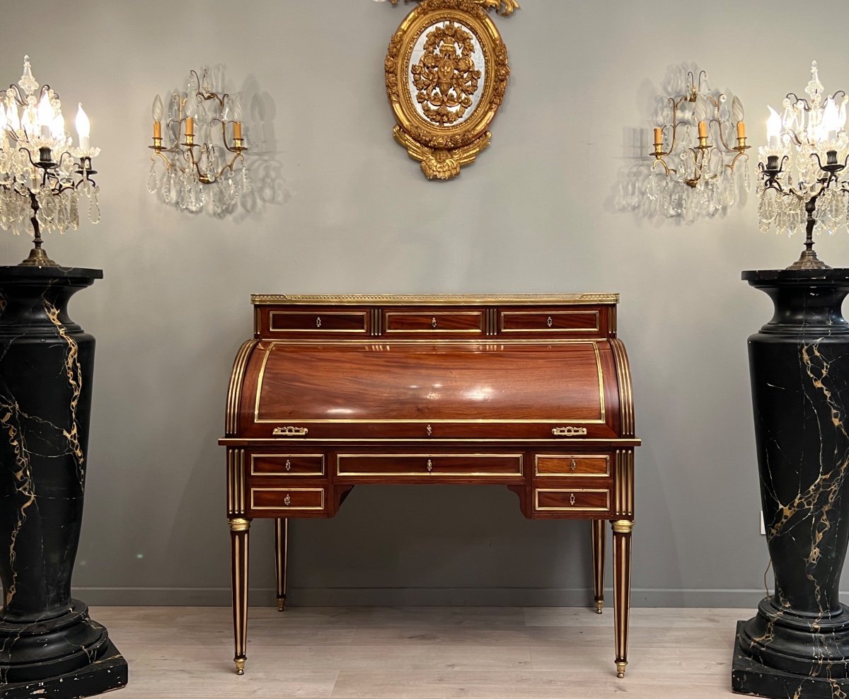 Important Cylinder Desk In Mahogany Louis XVI Style Around 1860-photo-2
