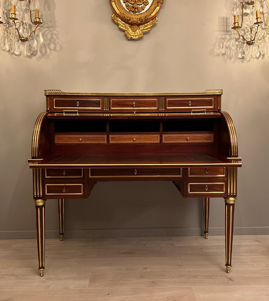 Important Cylinder Desk In Mahogany Louis XVI Style Around 1860-photo-2