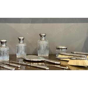 Louis Coignet, Exceptional Engraved Crystal And Silver Toilet Service Trim XIXth