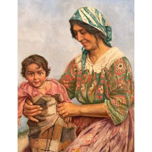 Francois Rasquin, Oil On Canvas Gypsy With Child Signed (1877 - 1952)