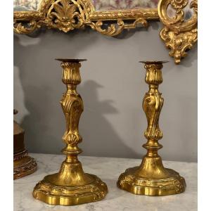 Henri Picard, Pair Of Bronze Candlesticks Louis XV Style Coat Of Arms XIXth Century