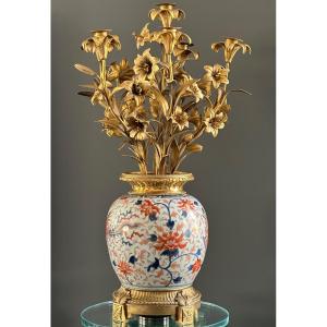 Vase Candélabre Bronze Porcelaine Japon De Style Louis XVI Vers 1850