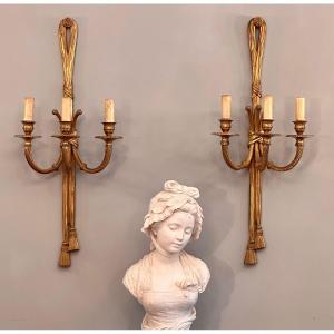 Important Pair Of Gilt Bronze Sconces Louis XVI Style Nineteenth