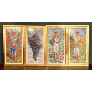 Mikhail Yakovlev, Suite Of Four Watercolors Seasons Russian School (1880 - 1942)