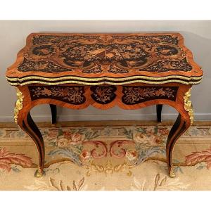 Table A Jeux Console En Marqueterie d'Epoque Napoleon III Vers 1870