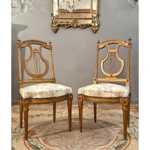 Paire De Chaises Lyre En Bois Doré De Style Louis XVI Epoque XIXème