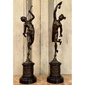 Jean De Bologne After, Pair Of Mercury Bronze Sculptures Renowned 19th Century