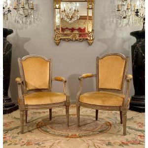 Pair Of Armchairs In Lacquered Wood, Louis XVI Period Circa 1780