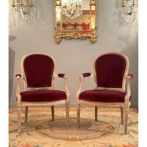 Georges Jacob, Pair Of Lacquered Wooden Armchairs From Louis XVI Period Circa 1780