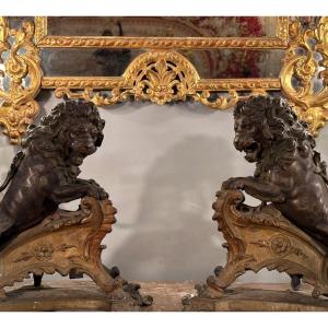 Rare Paire De Feux Aux Lions Bronze  De Style Régence époque XIXème