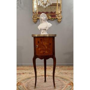 Petite Table De Salon Tambour Marqueterie de Style Transition d'Epoque Napoleon III