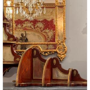 Pair Of Louis XVI Style Speckled Mahogany Corner Shelves, 19th Century
