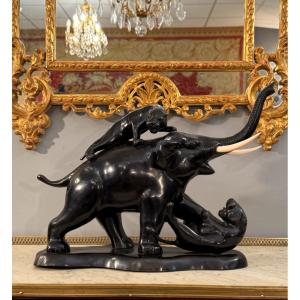 Sculpture Groupe En Bronze Eléphant Japon Epoque Meiji (1868 - 1912)
