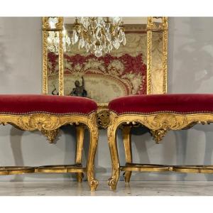 Pair Of Louis XV Style Giltwood Stools, 18th Century