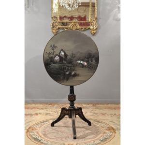 At Pont-à-mousson, Napoleon III-era Tilting Side Table In Blackened Wood With Mother-of-pearl Inlay 