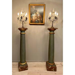 Succession Juliette Greco, Important Pair Of Columns In Golden And Lacquered Wood XIXth