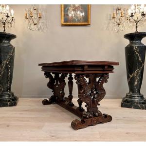 Renaissance Table In Carved Walnut Nineteenth Time