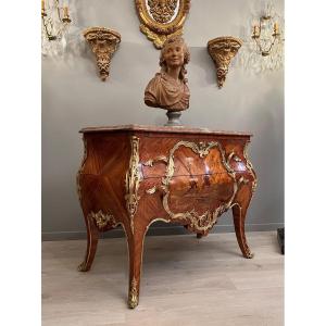 Beautiful Louis XV Commode In Marquetry Napoleon III Period Around 1870