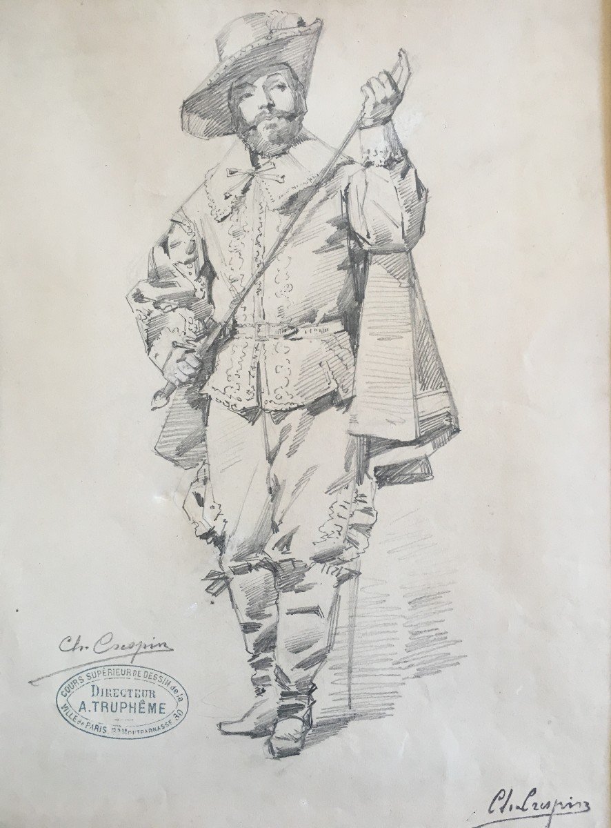 A. Crespin (1859-1944) Pencil Drawing, Study Of A Man In A Theater Costume.