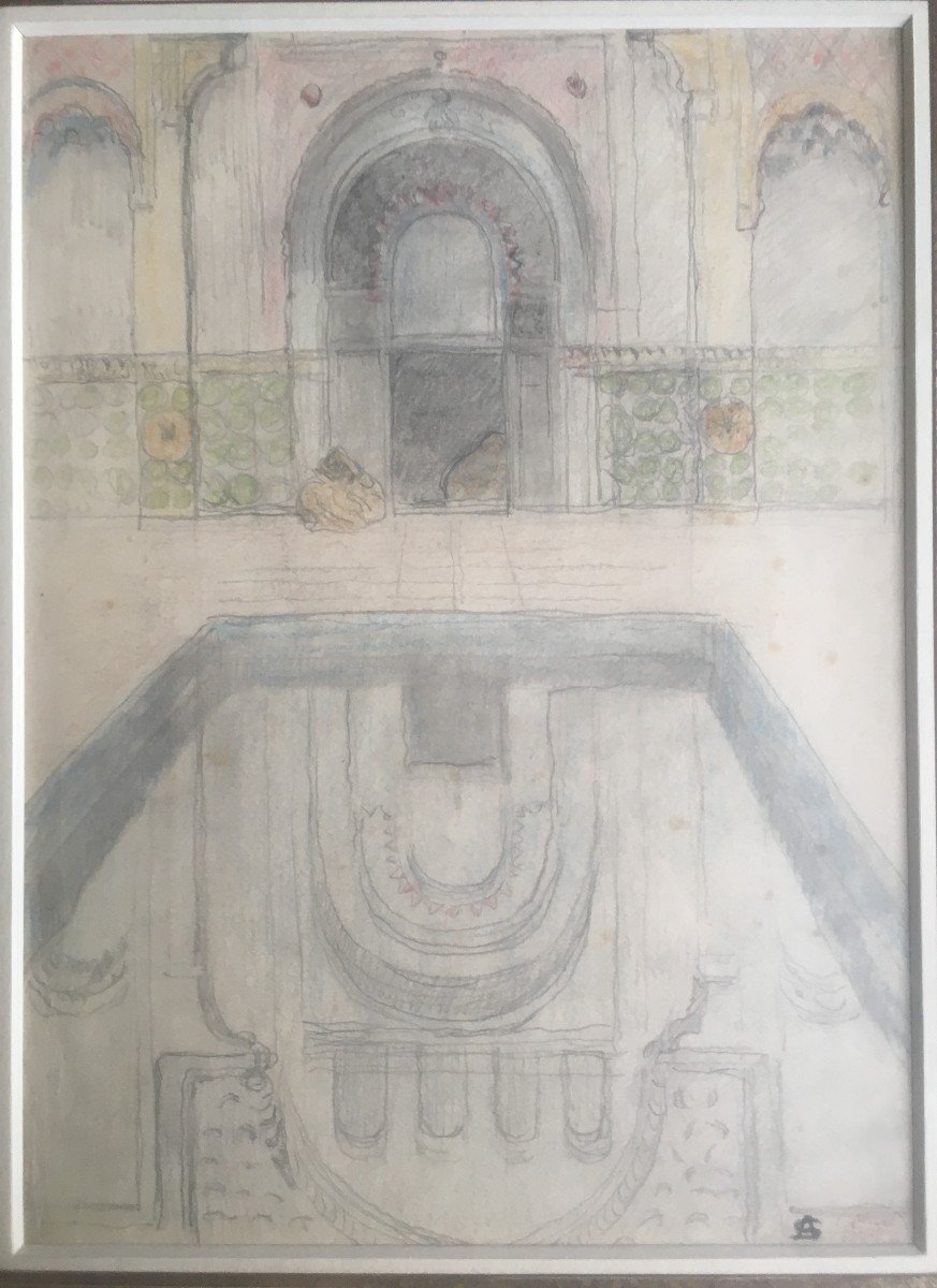 André Sureda (1872-1930) Pencil Study Of An Oriental Interior With Reflection On A Basin.