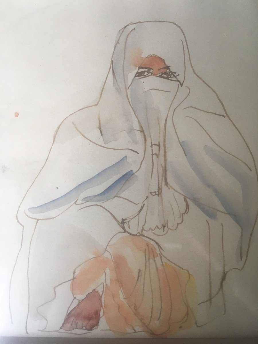 Dessin à l'encre et aquarellé De Cécile Scherrer représentant deux femmes arabes assises.-photo-3