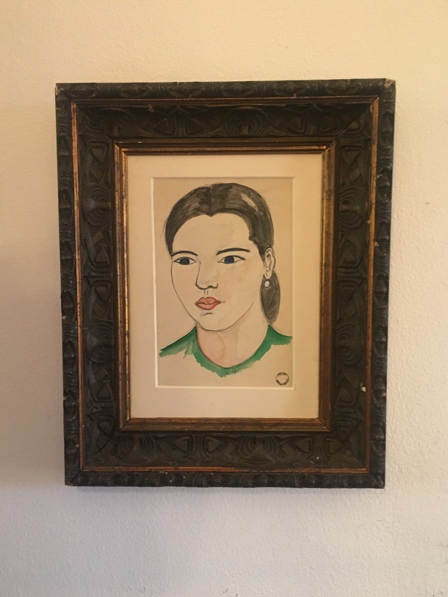 Yvonne Hanriot-giraud Gouache Portrait Of Elsa In A Green Sweater-photo-2