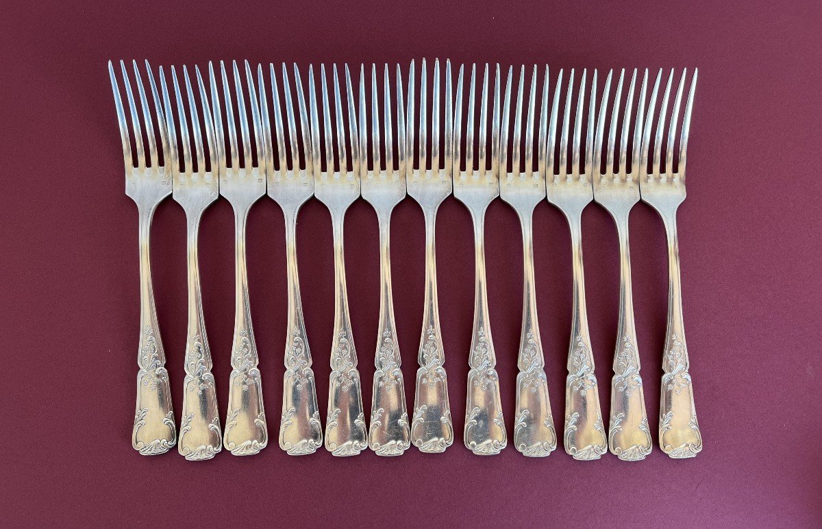 Box Of 12 Fish Forks And Its Serving Shovel By The Goldsmith François Frionnet.-photo-2