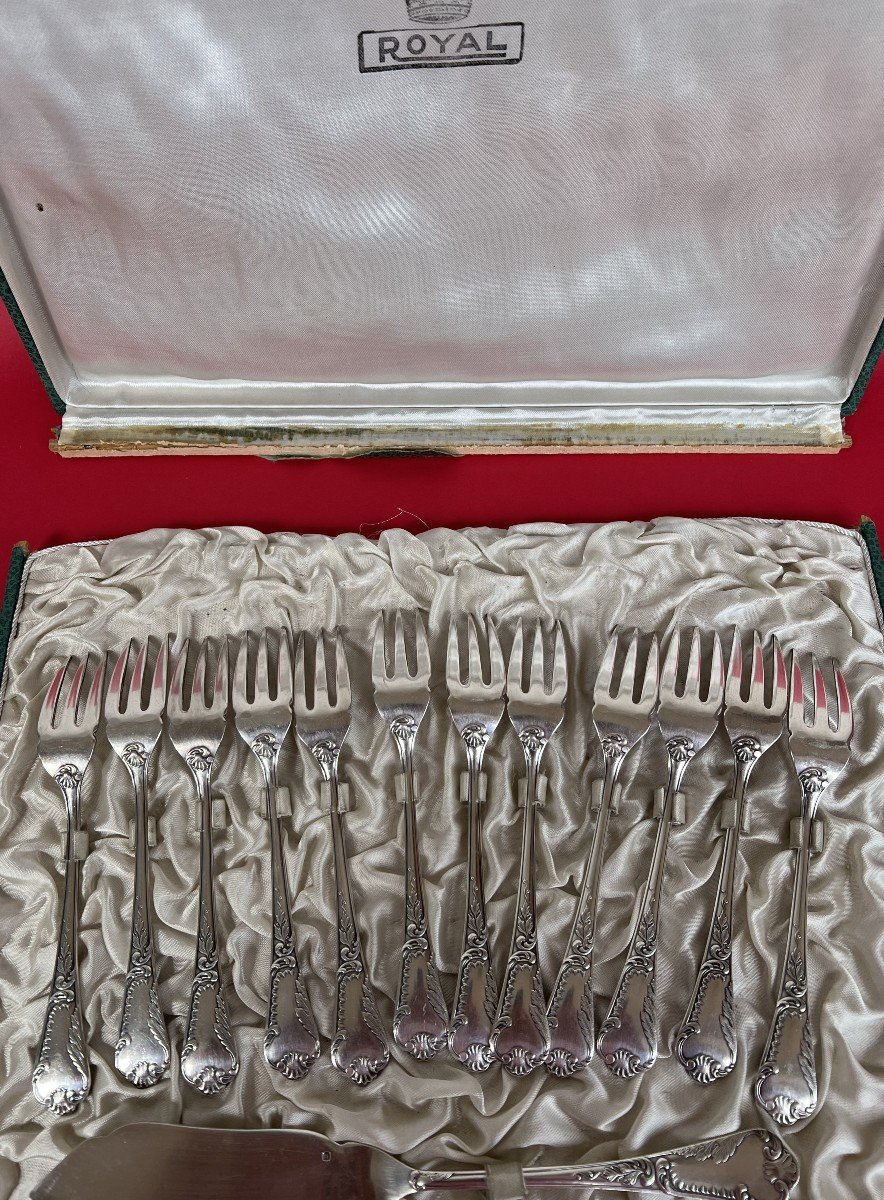 Box Of 12 Fish Forks And Its Serving Shovel By The Goldsmith François Frionnet.-photo-5