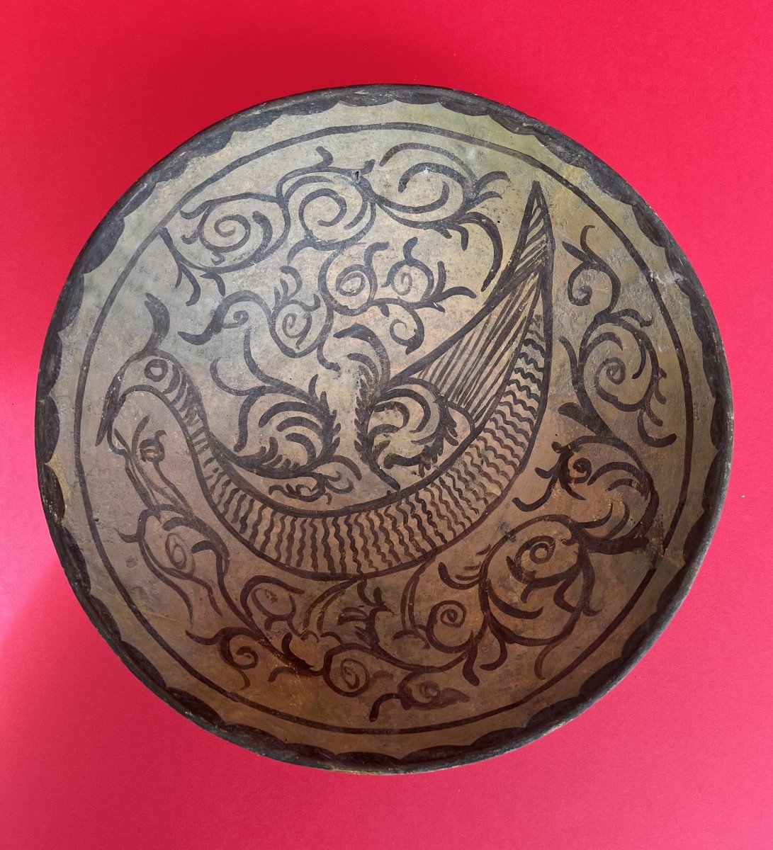 Iran Nishapur X Th Combed Ceramic Cup With Bird Decoration In The Center.