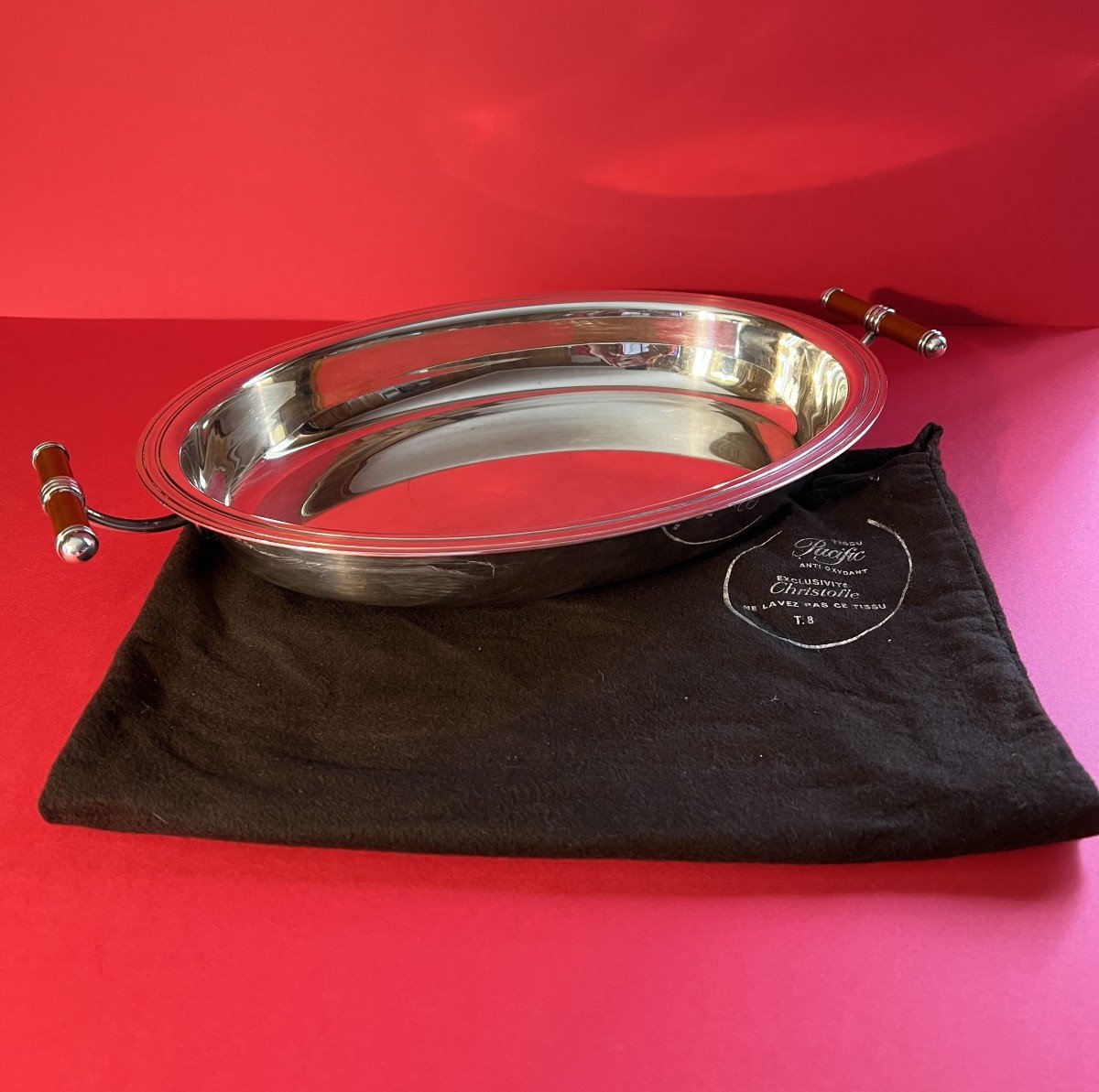 Christofle Oval Serving Dish Or Panetière In Silver Metal, Talisman Model, Siena Lacquer.-photo-4
