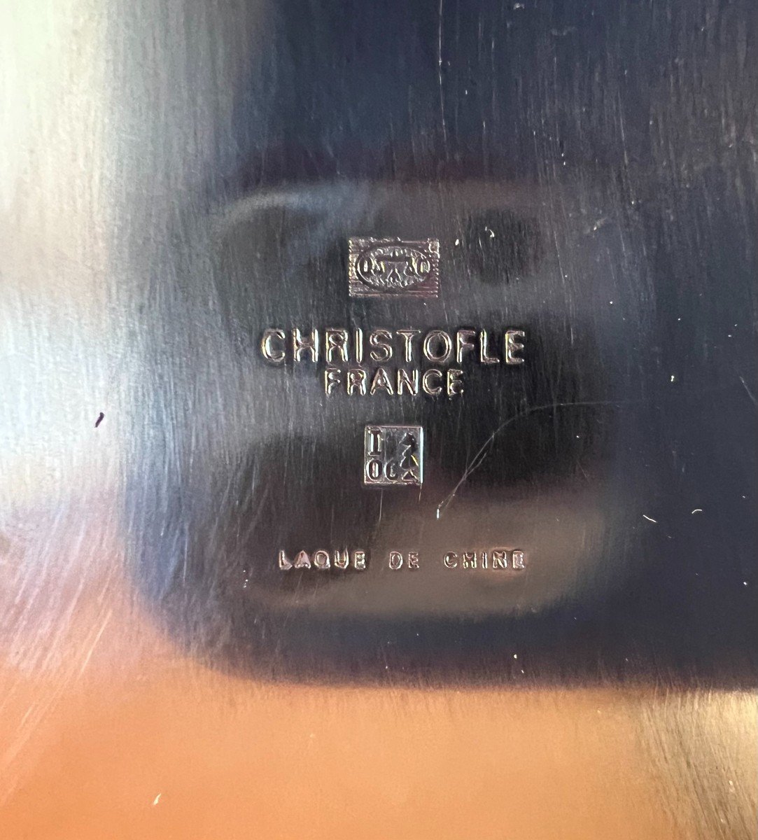 Sceau à Champagne en métal argenté  avec anses en laque de Chine noire signé Christofle -photo-4