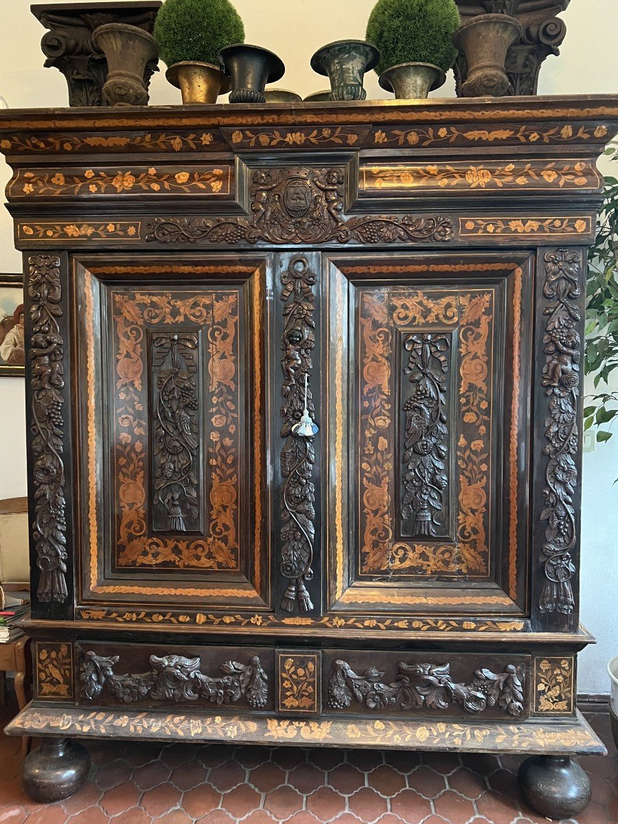 Imposing Dutch Marquetry Wardrobe From The 18th Century.