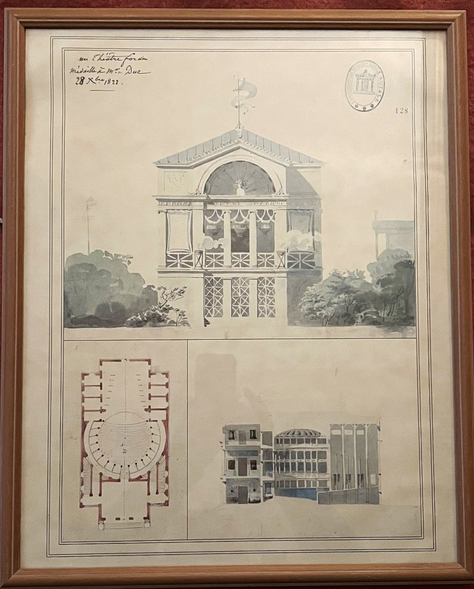 Watercolor Architectural Project For A Forum Theater By Louis Duc (1802-1879).