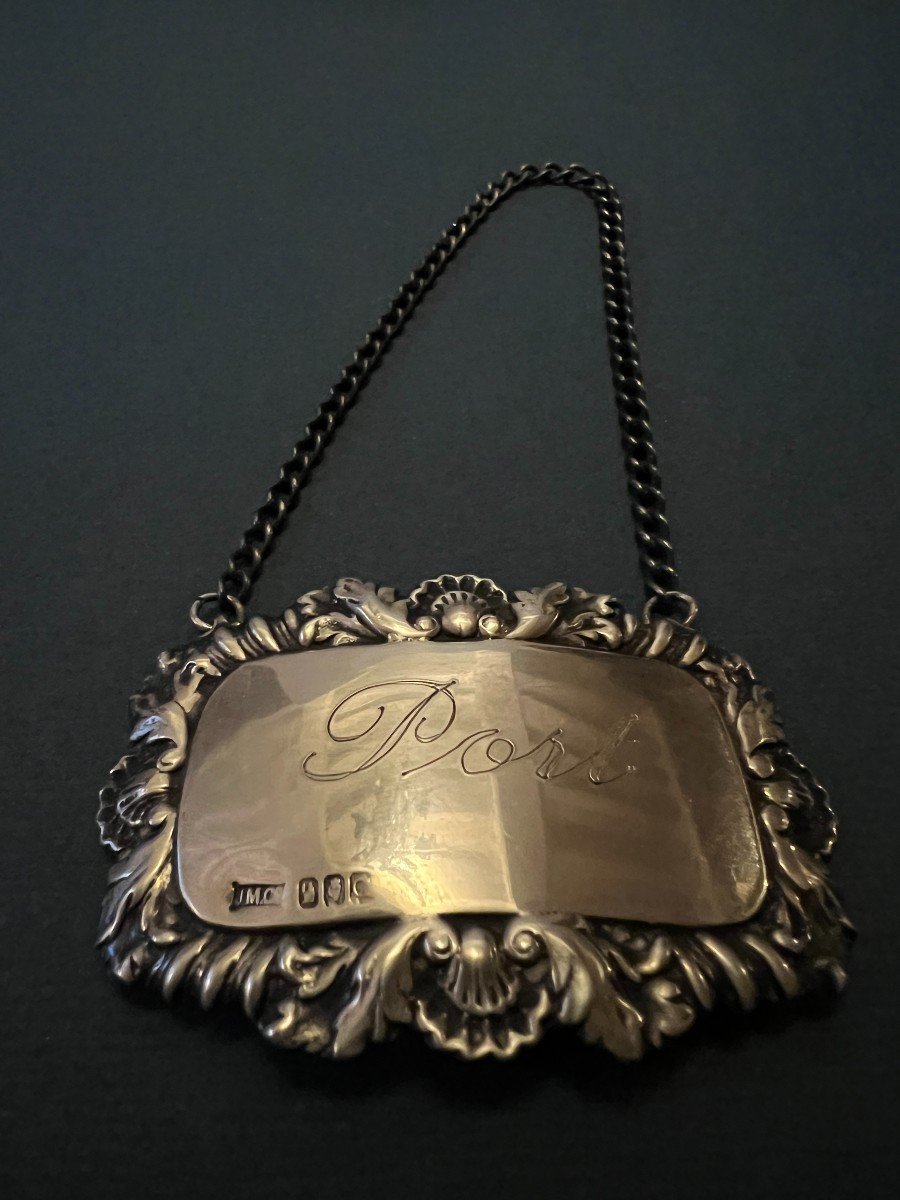 Ensemble de 4 étiquettes avec chaine en argent anglais pour carafe ou bouteilles alcool.-photo-3