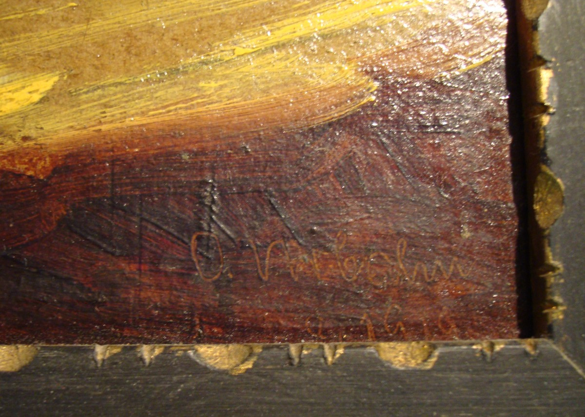 "under The Porch" Oil On Cardboard Signed O. Urbahn, Dated 1929 - German School.-photo-2