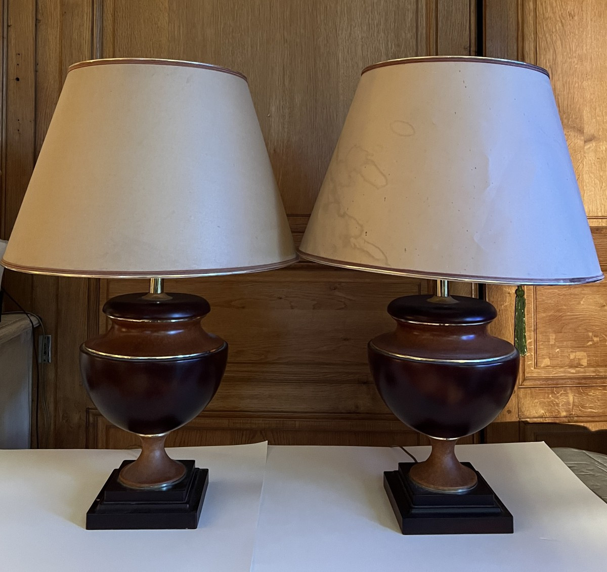2 80s Lamp Bases In Antique Ceramic Faux Wood Basin Style By Lancel.