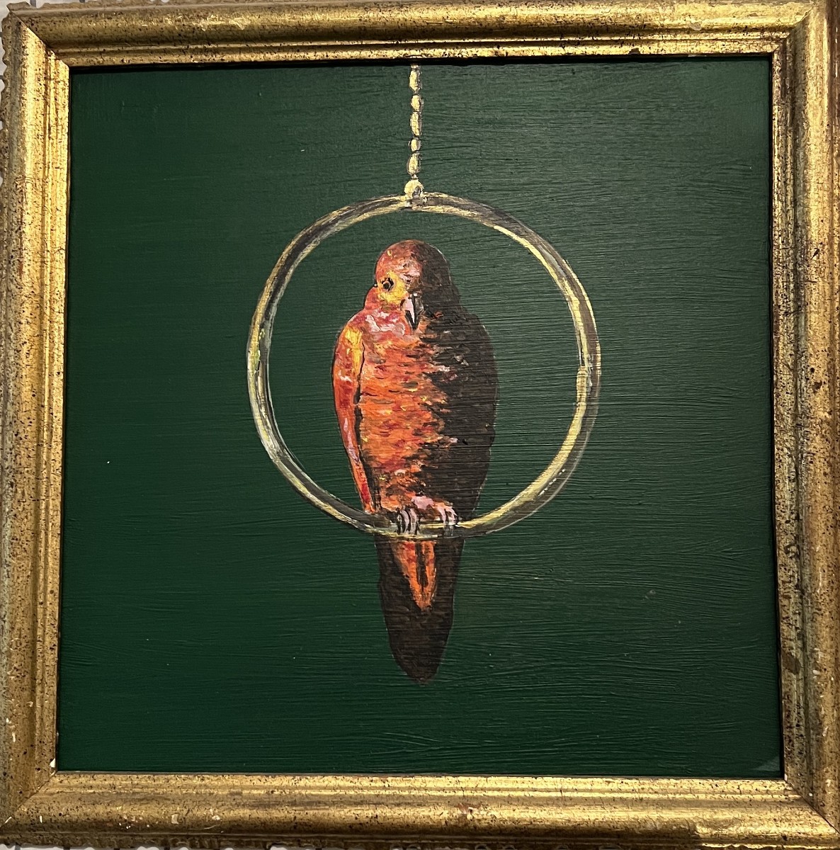 Tableau représentant une perruche sur son perchoir fond vert.