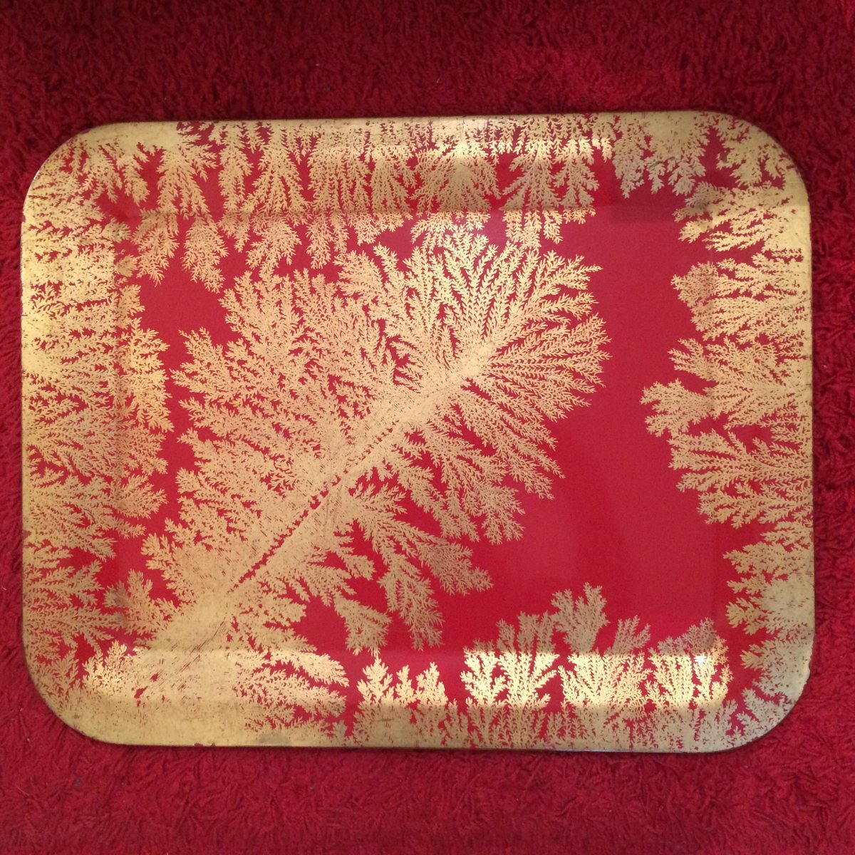 Fornasetti Piero - Metal Tray - Red And Gold Fern Leaf