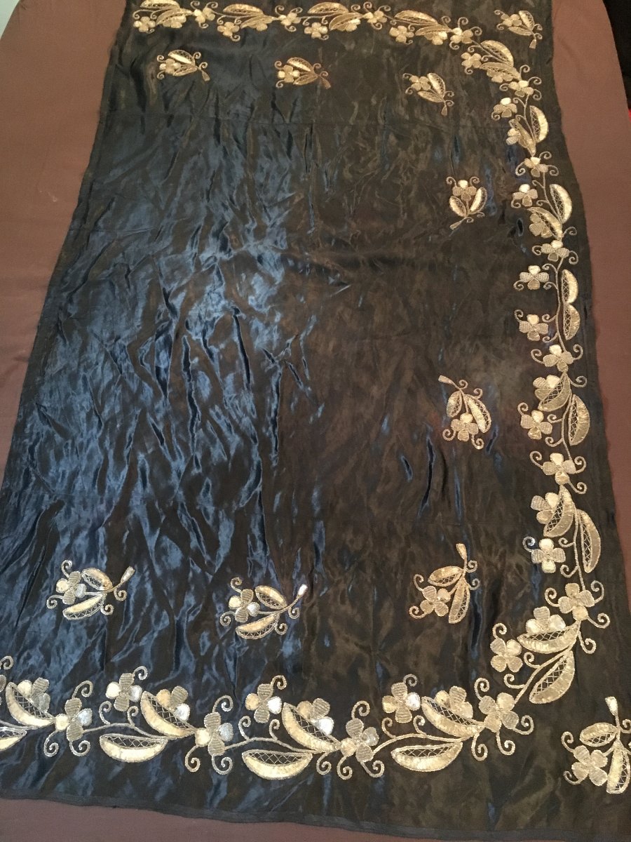 Black Silk Satin Panel Embroidered From Silver Thread Ottoman Work Late Nineteenth Early Twentieth-photo-2