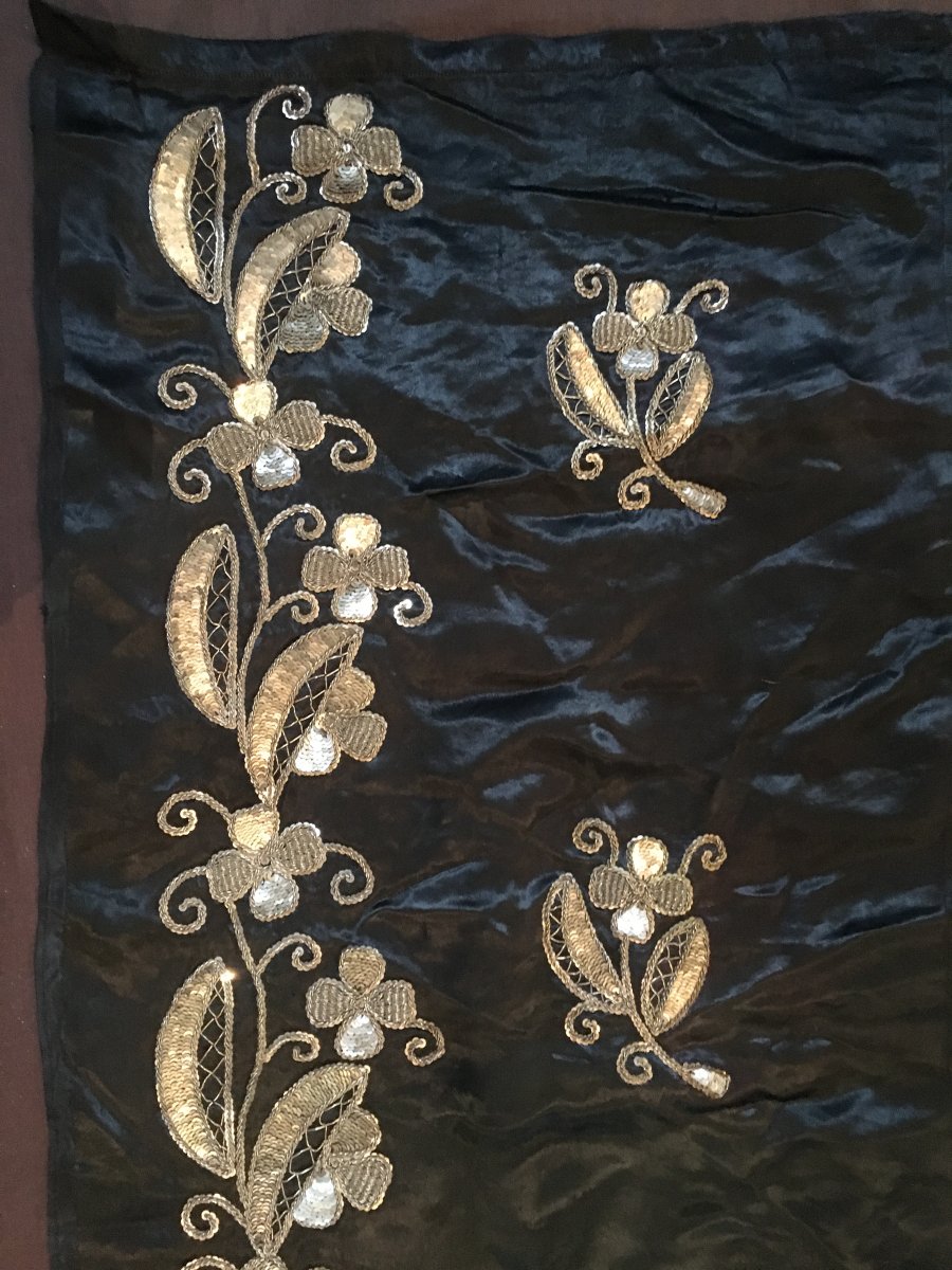 Black Silk Satin Panel Embroidered From Silver Thread Ottoman Work Late Nineteenth Early Twentieth-photo-3