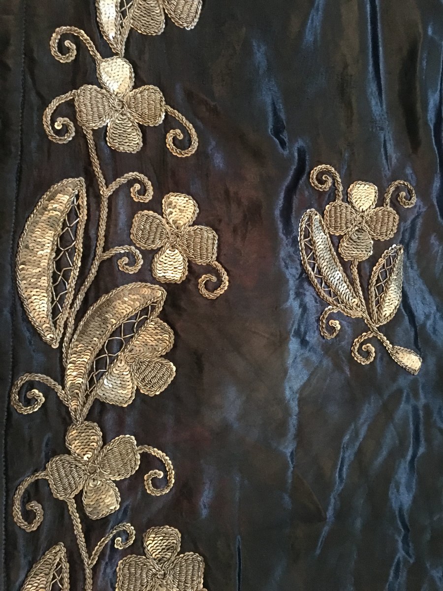 Black Silk Satin Panel Embroidered From Silver Thread Ottoman Work Late Nineteenth Early Twentieth-photo-1
