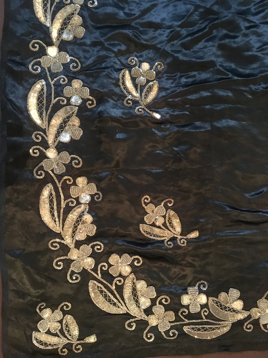 Black Silk Satin Panel Embroidered From Silver Thread Ottoman Work Late Nineteenth Early Twentieth