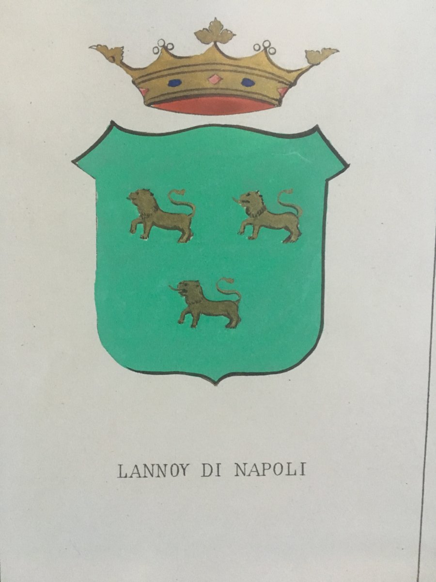 Serie Of 5 Lithographs Enhanced With Watercolor Coat Of Arms Of Neapolitan And Sicilian Family-photo-4