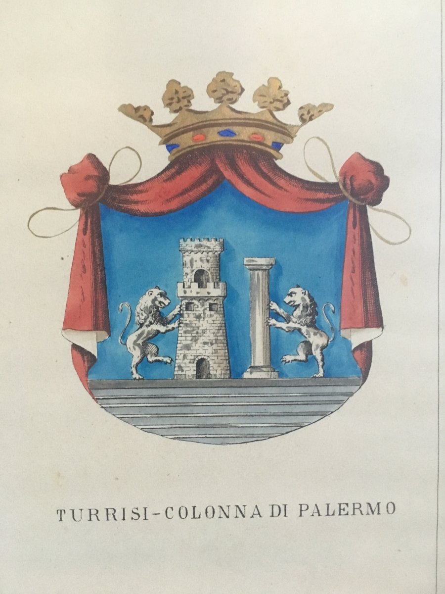 Serie Of 5 Lithographs Enhanced With Watercolor Coat Of Arms Of Neapolitan And Sicilian Family-photo-6