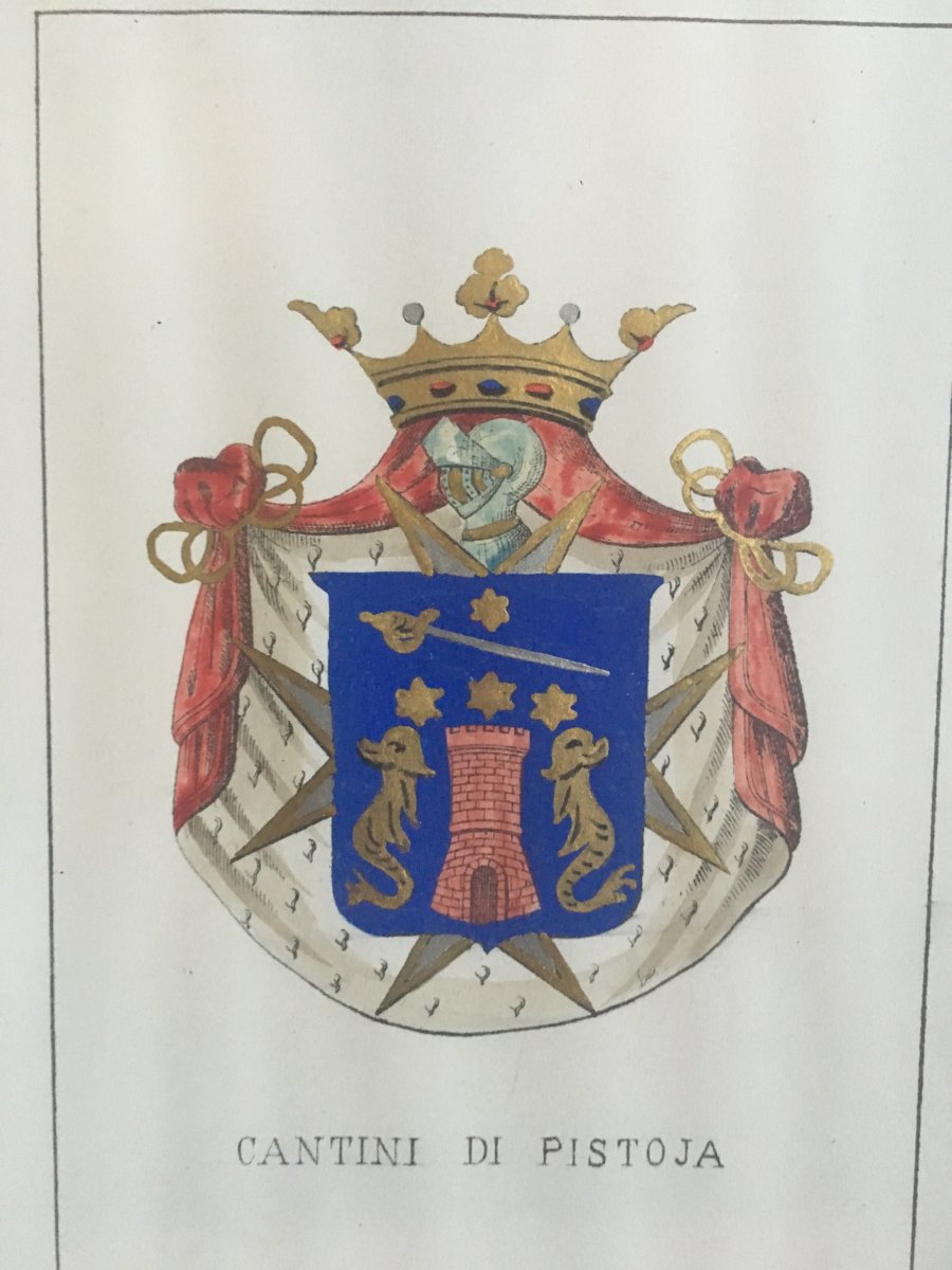 Serie Of 5 Lithographs Enhanced With Watercolor Coat Of Arms Of Neapolitan And Sicilian Family-photo-7