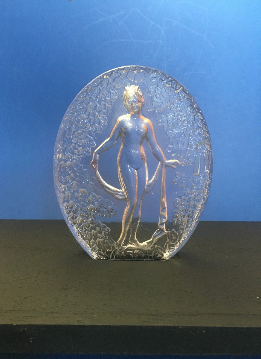 Pressed Molded Glass Plate Signed P. d'Avesn. Woman Coming Out Of Bath.