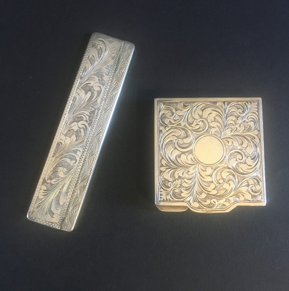  For Lady Bag ; Compact And Comb With His Case In Sterling Silver. XIXth