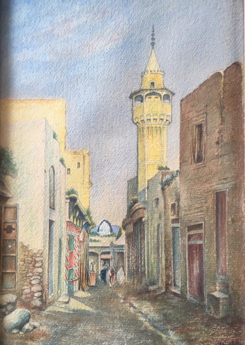Gouache "the Medina Of Tunis" Signed And Dated A. Gautier, Tunis 1906-photo-3