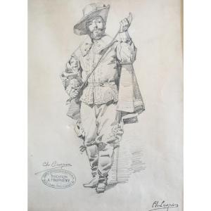 A. Crespin (1859-1944) Pencil Drawing, Study Of A Man In A Theater Costume.