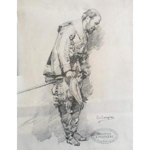 A.  Crespin (1859-1944)  Dessin Au Crayon d'Un Homme Penché, Etude d'Un Costume De Théâtre. 